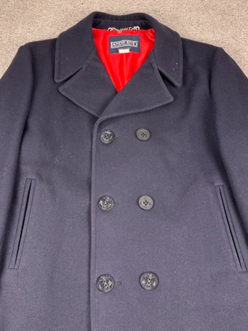 Land's End Peacoat Coat Mens 42 R Navy Wool Double Breasted Nautical Anchor USA